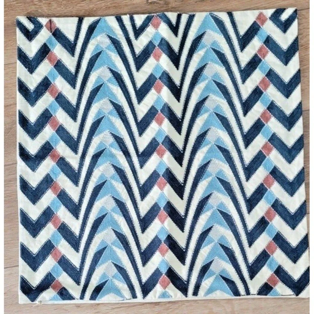 Synergy Textured Embroidered Cotton Euro Pillow Cover 20”x20” Beige & Blue NWOT
